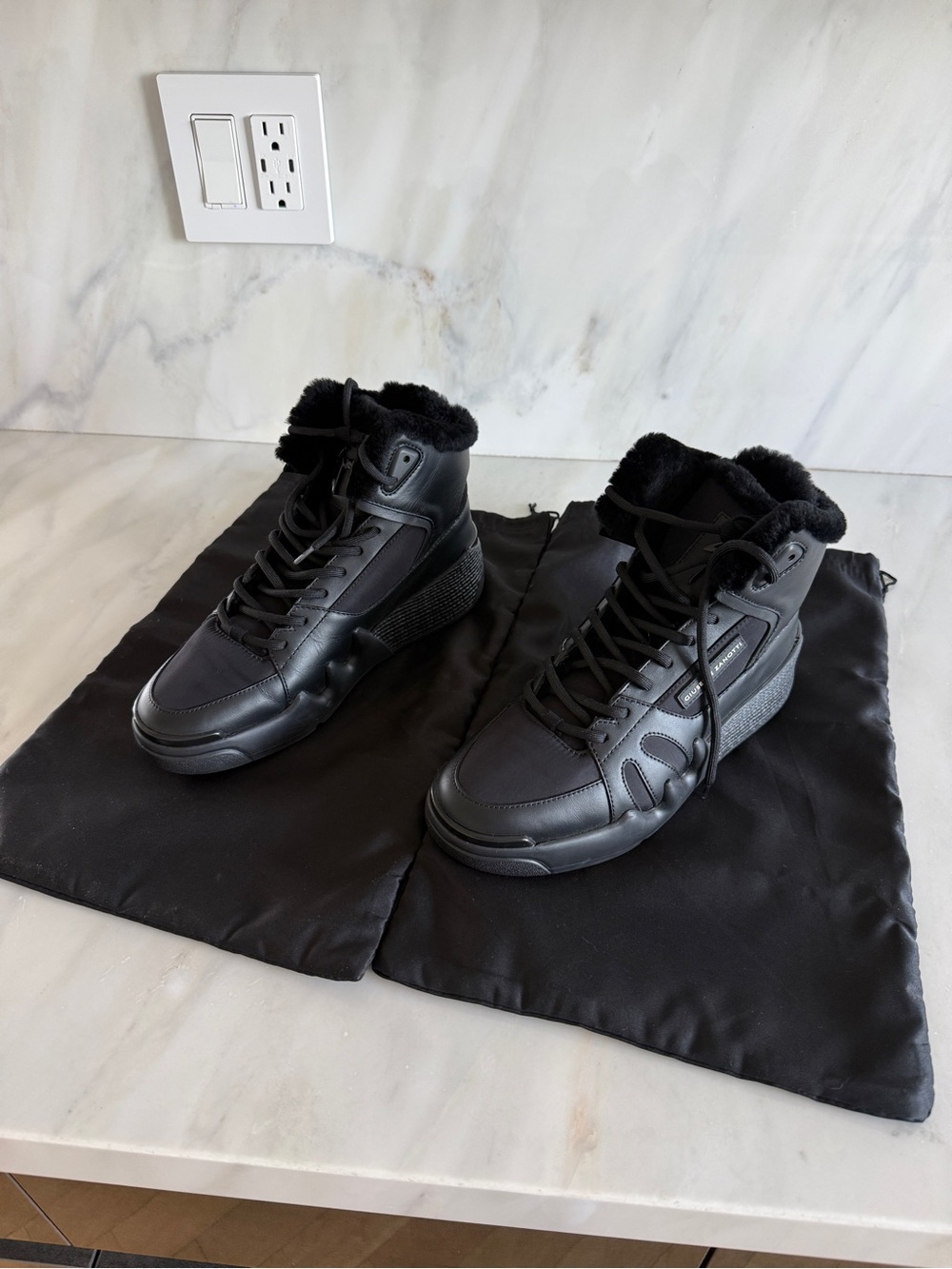 Giuseppe Zanotti Black Leather High-Top Sneakers with Shearling Collar